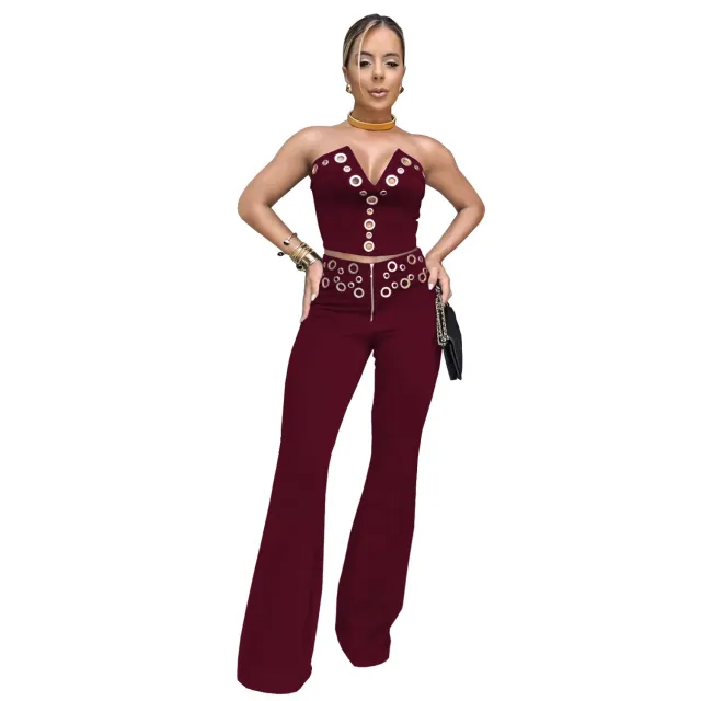 Fashion Women's Wear Sexy Tube Top Eyelet Metal Buckle Trousers Suit Wine Red - Shop at LoveMi