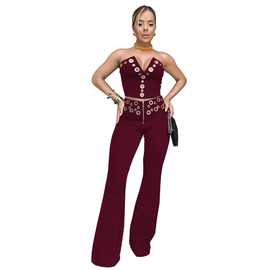 Fashion Women's Wear Sexy Tube Top Eyelet Metal Buckle Trousers Suit - Wine Red