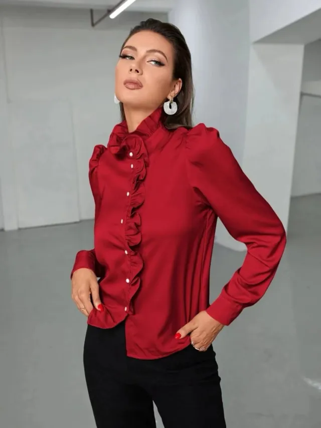 Women's Solid Color Simple Long sleeved Ruffle Straight Shirt Red - Shop at LoveMi