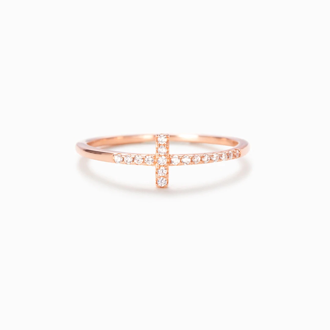 Women's Fashion S925 Sterling Silver Single Row Fine Diamond Cross Ring