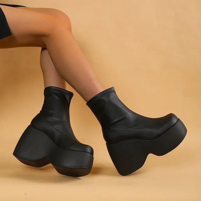 Leather Elastic Wedge Platform Bootie Black - Shop at LoveMi