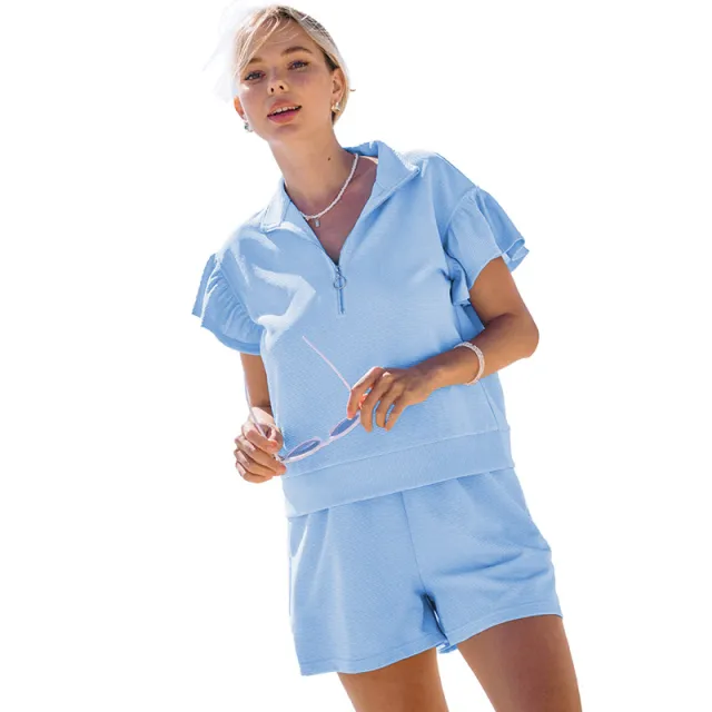 Solid Color Casual Suit Women's European And American Fashion All match Pleated Sleeve Two piece Set P804 - Shop at LoveMi