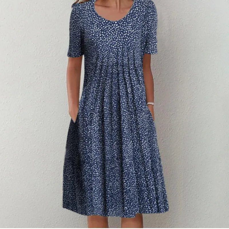 Spring And Summer Women's Elegant Large Swing Round Neck Printed Short Sleeve Dress - No 6 Color-M
