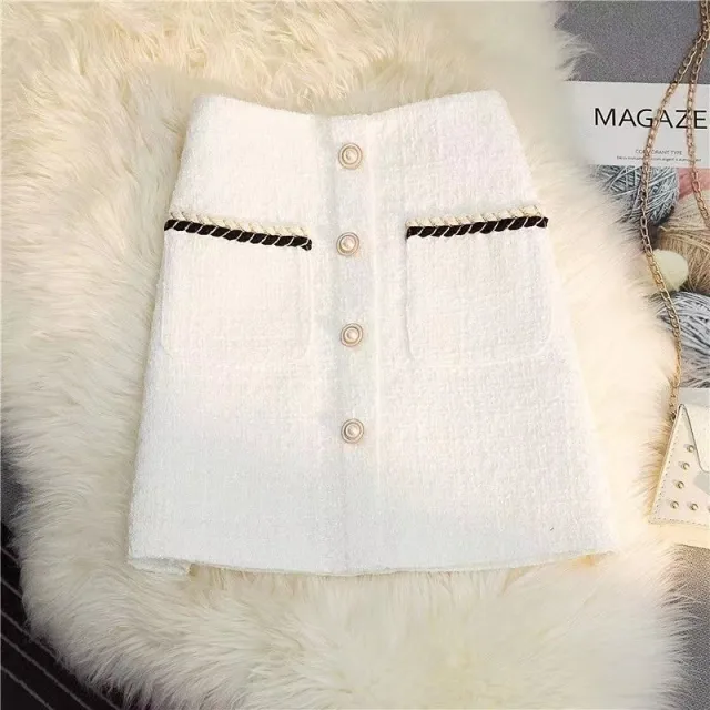 High Waist A Line Bag Tweed Slimming Mid length Dress Skirt Short Milky White - Shop at LoveMi