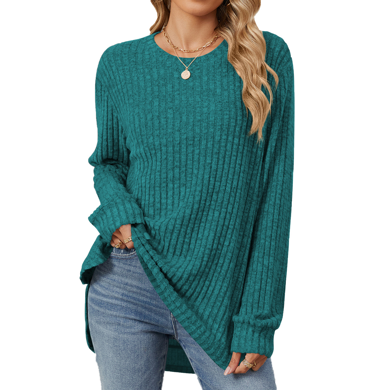 Round Neck Brushed Long Sleeve T-shirt Top For Women