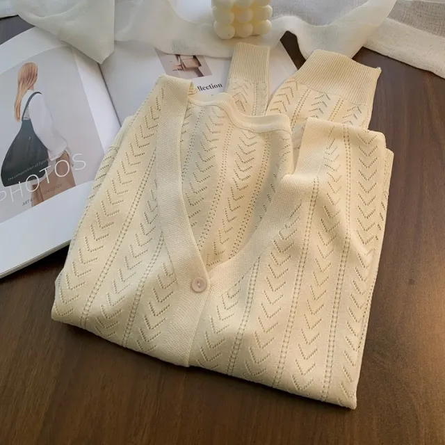 Thin Hollow V neck Sweater White Long Sleeve Apricot - Shop at LoveMi