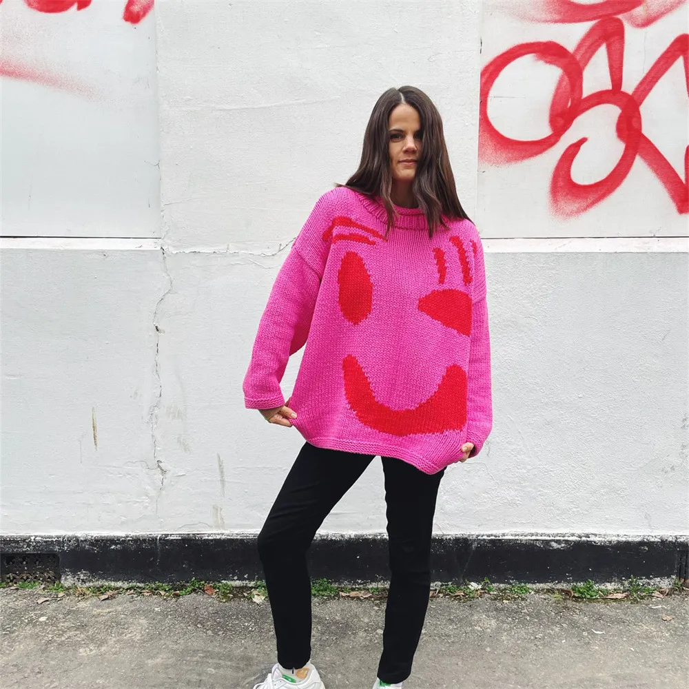 Christmas Smiley Knitted Sweater Women's Long-sleeved Round Neck Yarn-dyed Printed Top Women's - Rose Red Zy2943