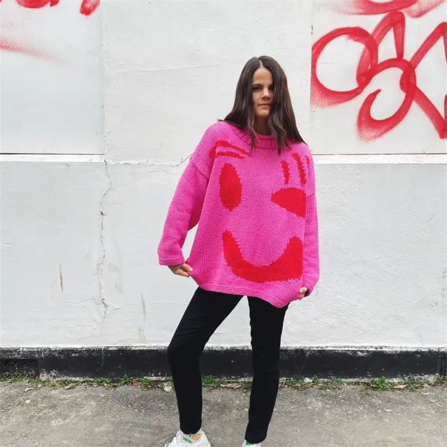 Christmas Smiley Knitted Sweater Women's Long sleeved Round Neck Yarn dyed Printed Top Women's Rose Red Zy2943 - Shop at LoveMi