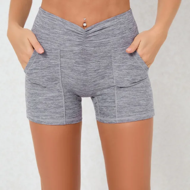 European And American Skinny Hip Raise Yoga Shorts Front Waist Pleated Pocket Flower Gray - Shop at LoveMi