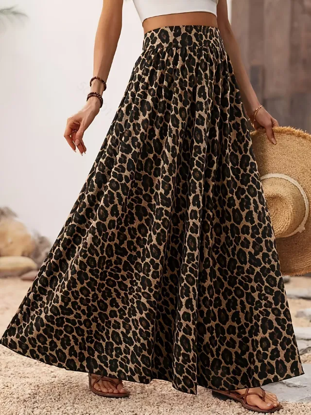 High Waist Midi Skirt Fabric Leopard Print Brown - Shop at LoveMi