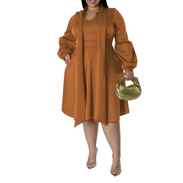Long sleeved Bubble Sleeve Midi Dress Caramel Color 5Xl - Shop at LoveMi