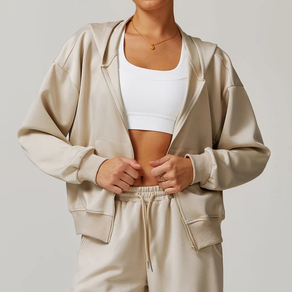 Solid Color Casual Fashion All-matching Exercise Hooded Coat - Light Khaki