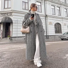 Houndstooth Long Trench Coat High-end And Fashionable Coat For Women - Black - View 1