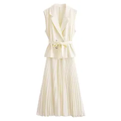 European And American Double Breasted With Belt Vest Pleated Skirt Dress - Milky White - View 1