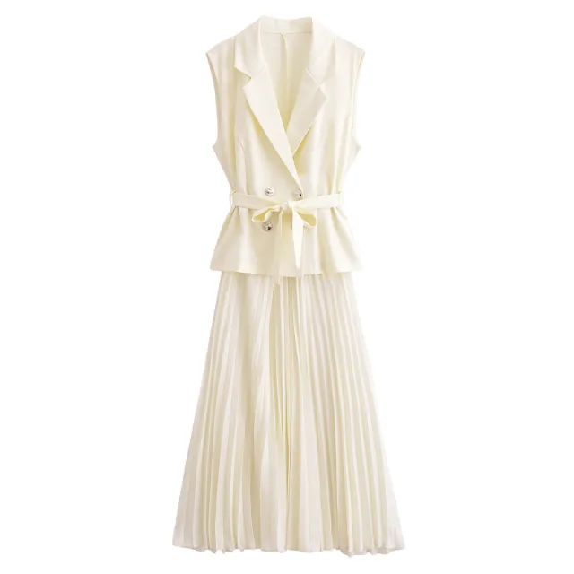 European And American Double Breasted With Belt Vest Pleated Skirt Dress Milky White - Shop at LoveMi