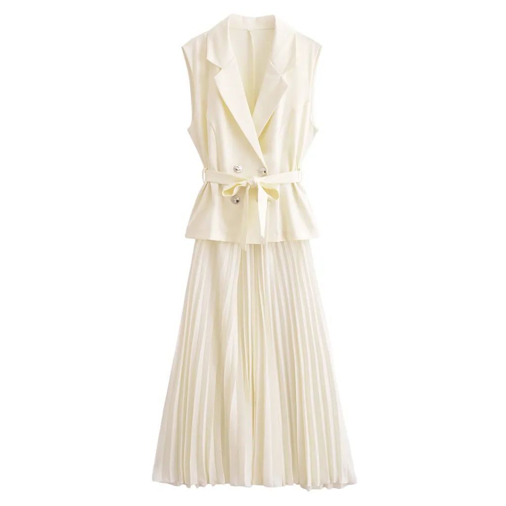 European And American Double Breasted With Belt Vest Pleated Skirt Dress - Milky White
