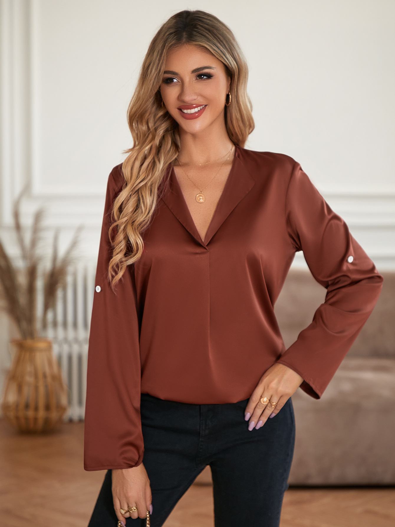 Women's V-neck Loose Long Sleeve Top