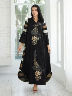 Djellaba Women's Patchwork Stripes Long Dress - Black - View 1