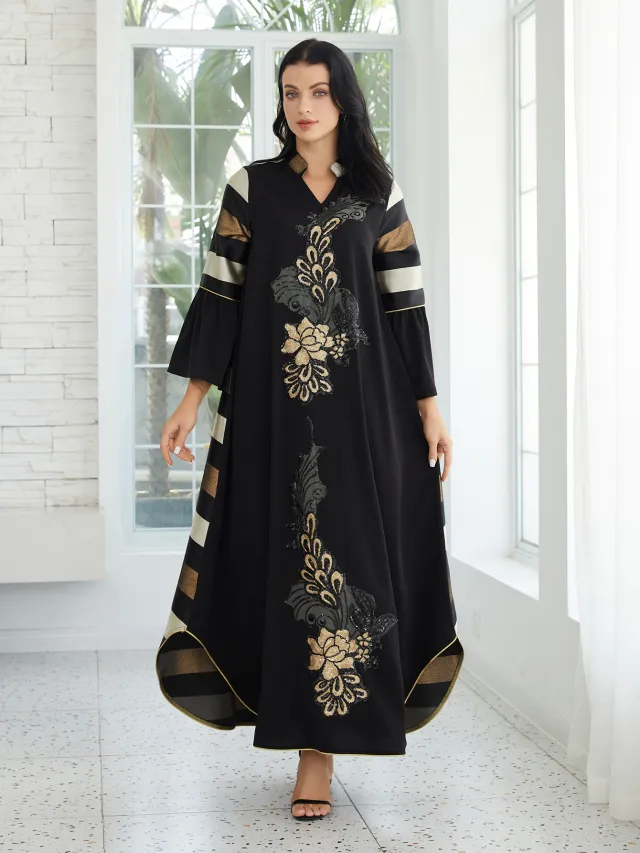 Djellaba Women's Patchwork Stripes Long Dress Black - Shop at LoveMi