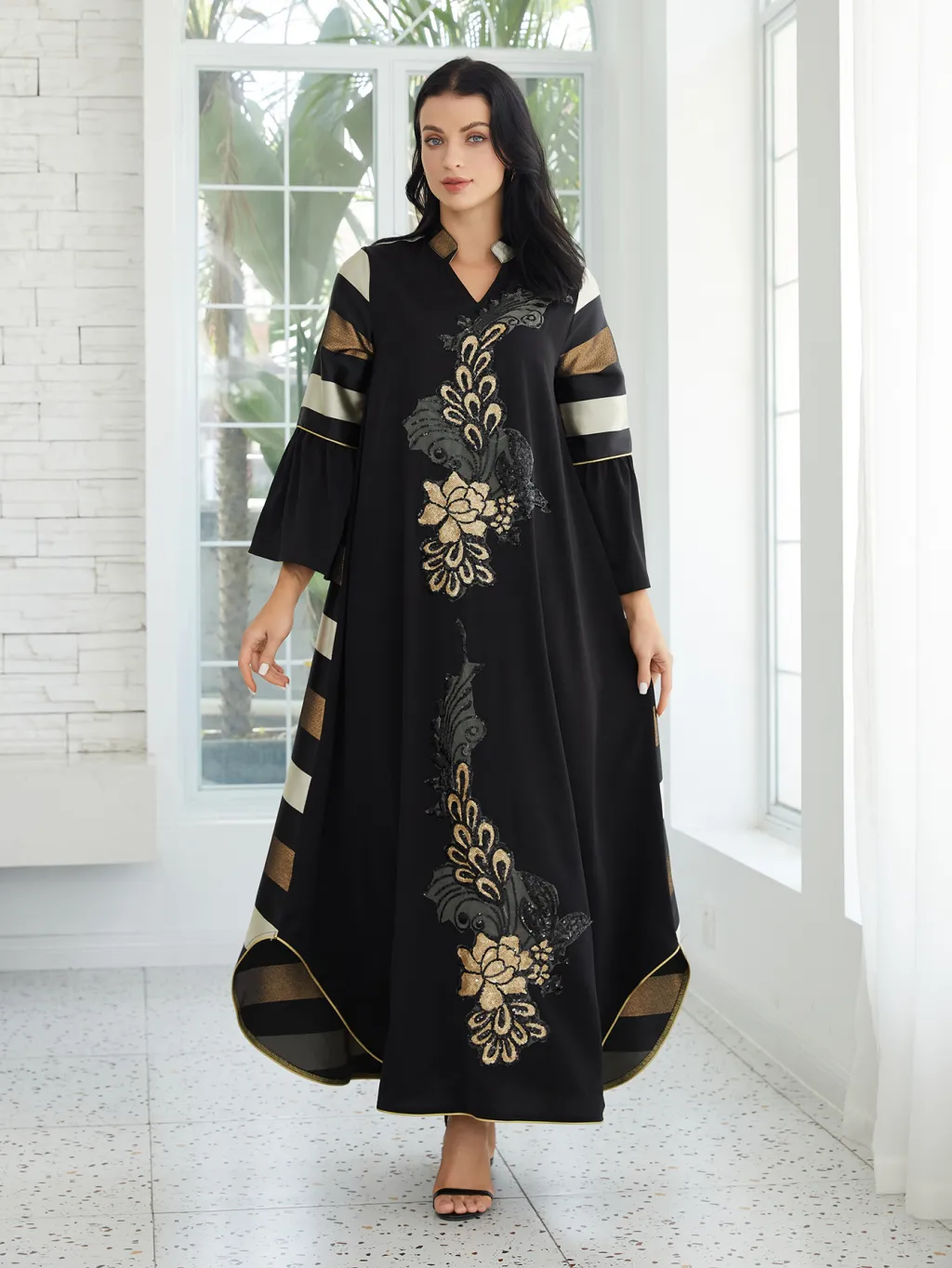 Djellaba Women's Patchwork Stripes Long Dress - Black