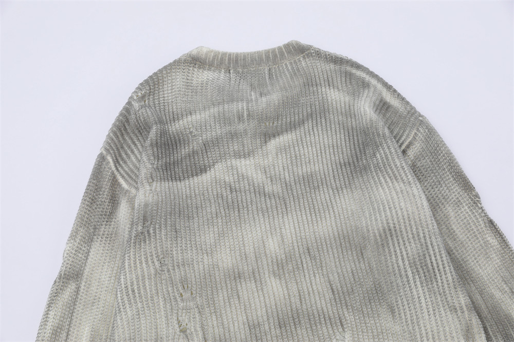 Distressed Dirty Round Neck Men's Spring And Autumn Sunken Stripe Twist Crocheted Ripped Pullover Sweater