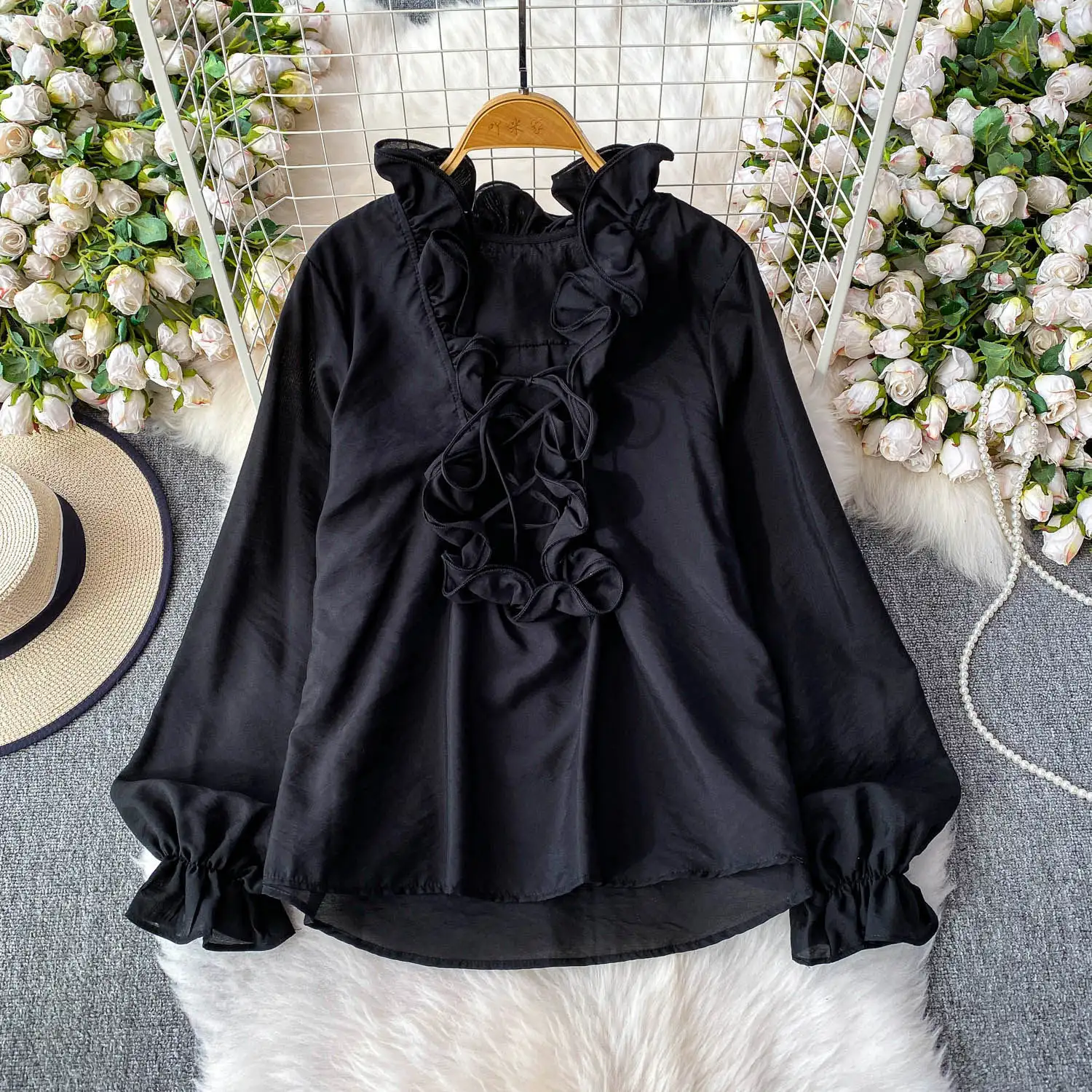 Ruffled V-Neck Womens Long-Sleeve Chiffon Shirt