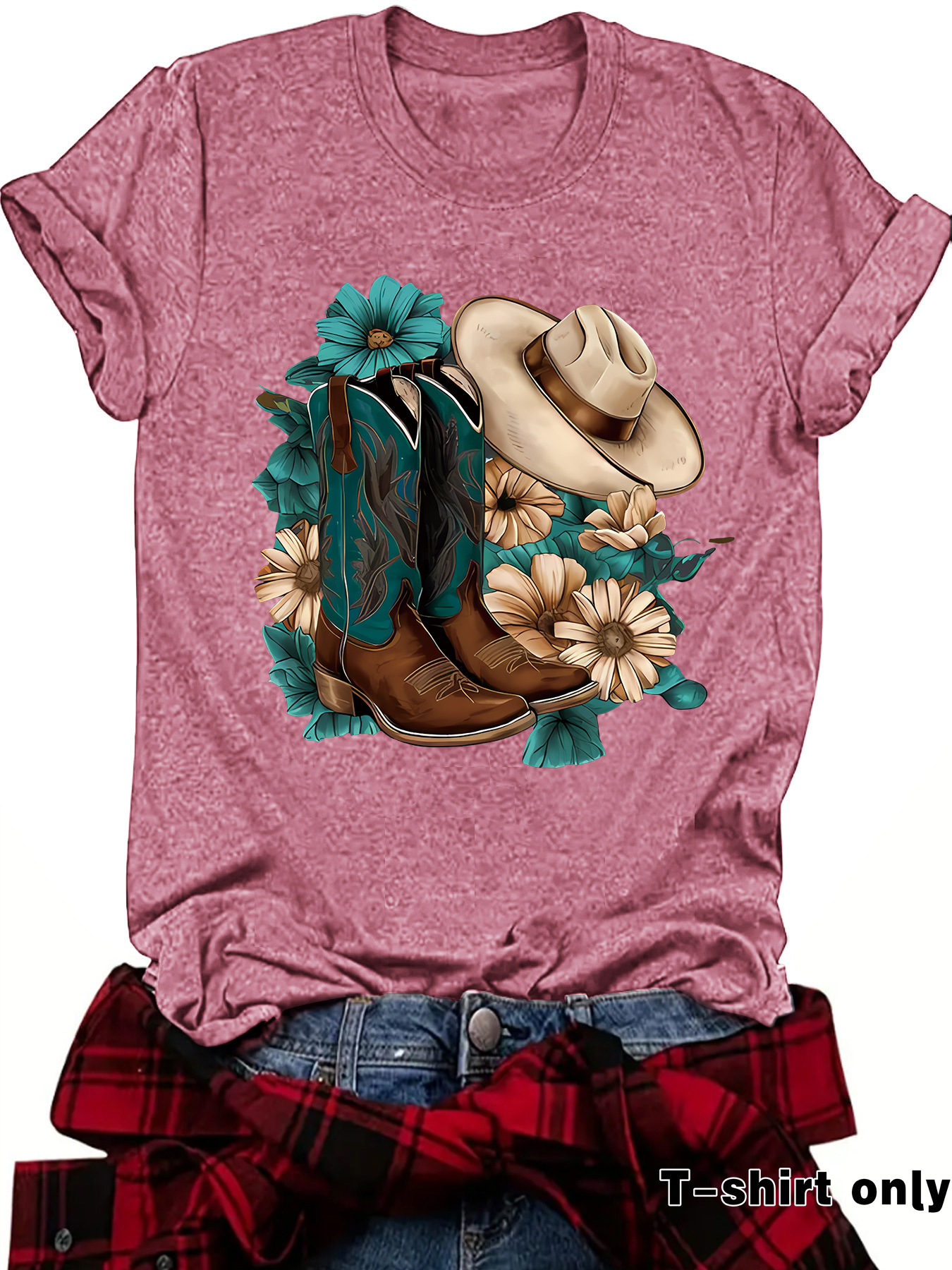 Womens Loose-fitting Fashionable Boots With A Hat Print And Short Sleeves