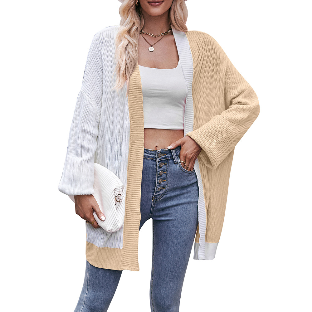 Contrast Color Loose Shawl Mid length Sweater Cardigan Apricot - Shop at LoveMi
