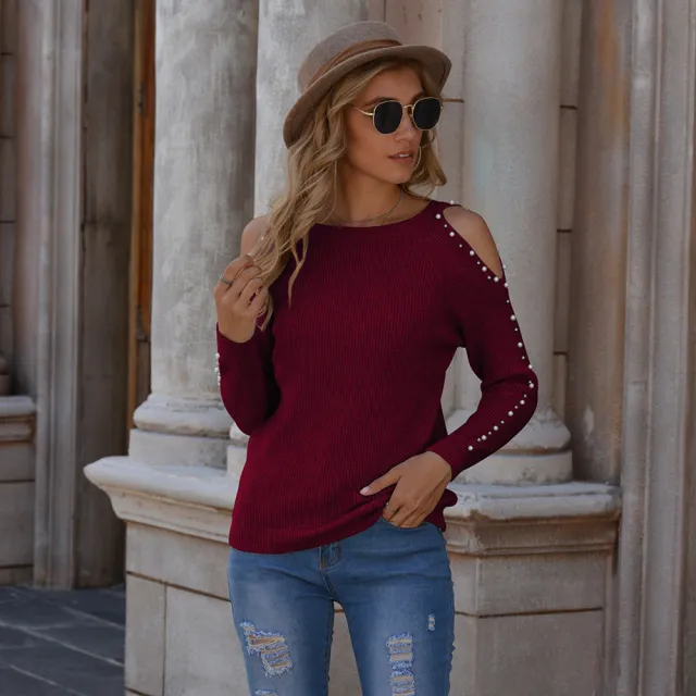 Fall Winter Fashion Beaded Knitted Sweater Solid Color Pullover Off the shoulder Sweater For Women Wine - Shop at LoveMi