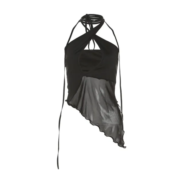 W239TP American Solid Color Sleeveless Halter Lace up Sexy Mesh Stitching Irregular Vest Top Black - Shop at LoveMi