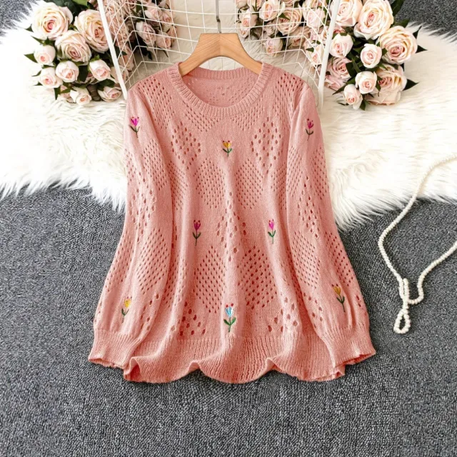 Casual Flower Embroidered Long Sleeve Round Neck Hollow Out Sweater Peach - Shop at LoveMi