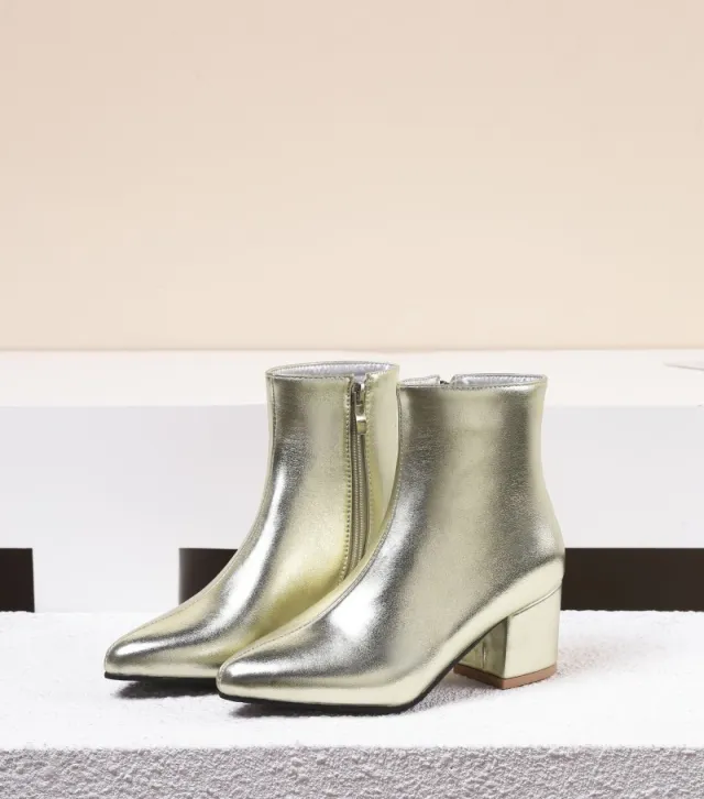 Autumn And Winter High Heel Chunky Heel Women's Leather Ankle Boots Gold - Shop at LoveMi