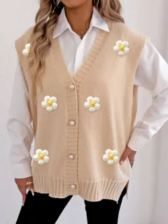 Women's Pearl Button Cardigan Crocheted Stitching Sweater Vest - Apricot - View 1
