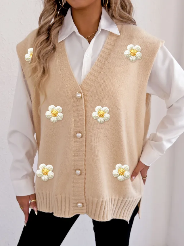 Women's Pearl Button Cardigan Crocheted Stitching Sweater Vest Apricot - Shop at LoveMi