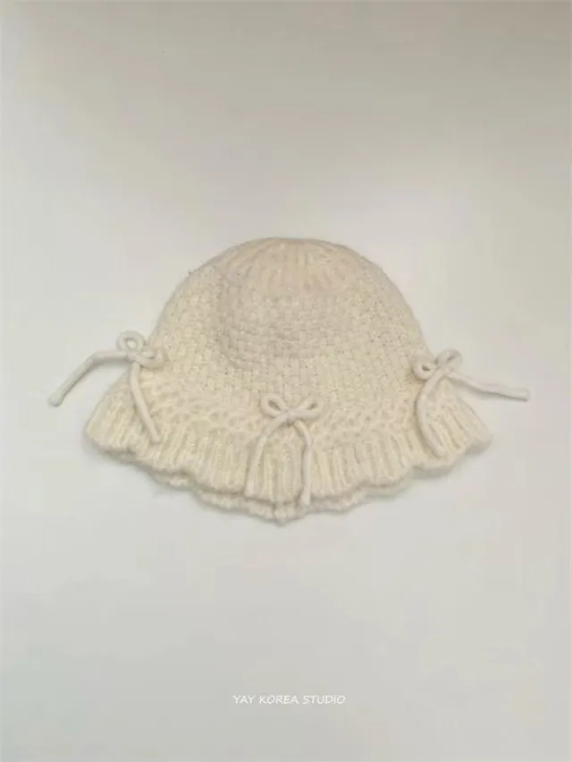 Autumn And Winter Bow Knitted Fisherman Hat Wool Bucket White - Shop at LoveMi