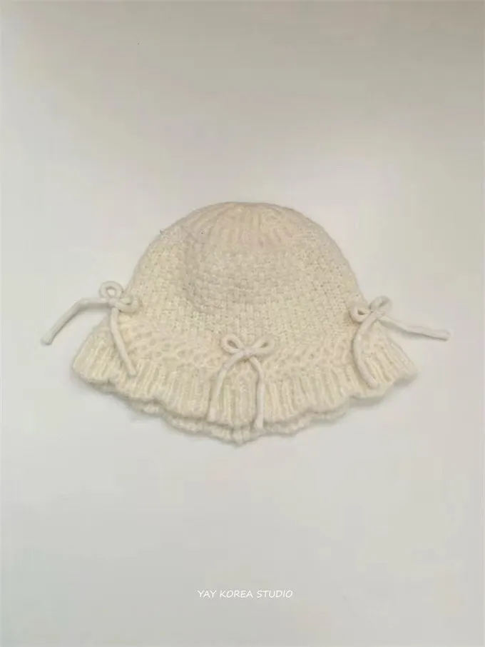 Autumn And Winter Bow Knitted Fisherman Hat Wool Bucket - White