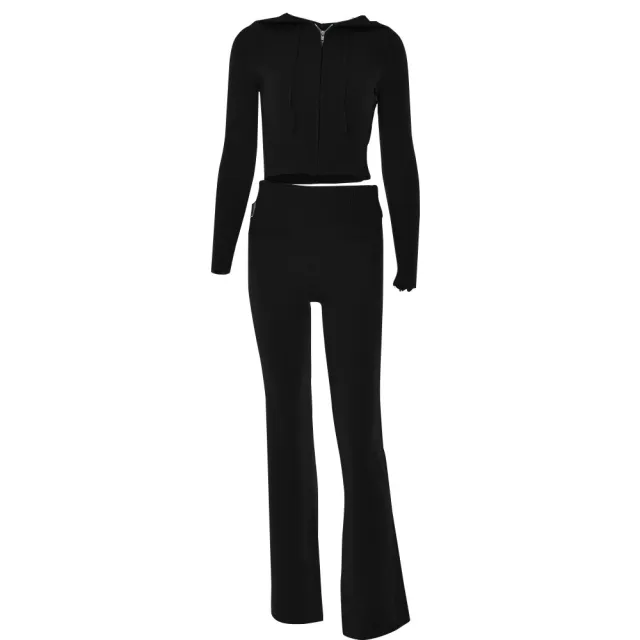 Knitted Hooded Suits Women's High Waist Long Sleeves Trousers Two piece Set Black - Shop at LoveMi
