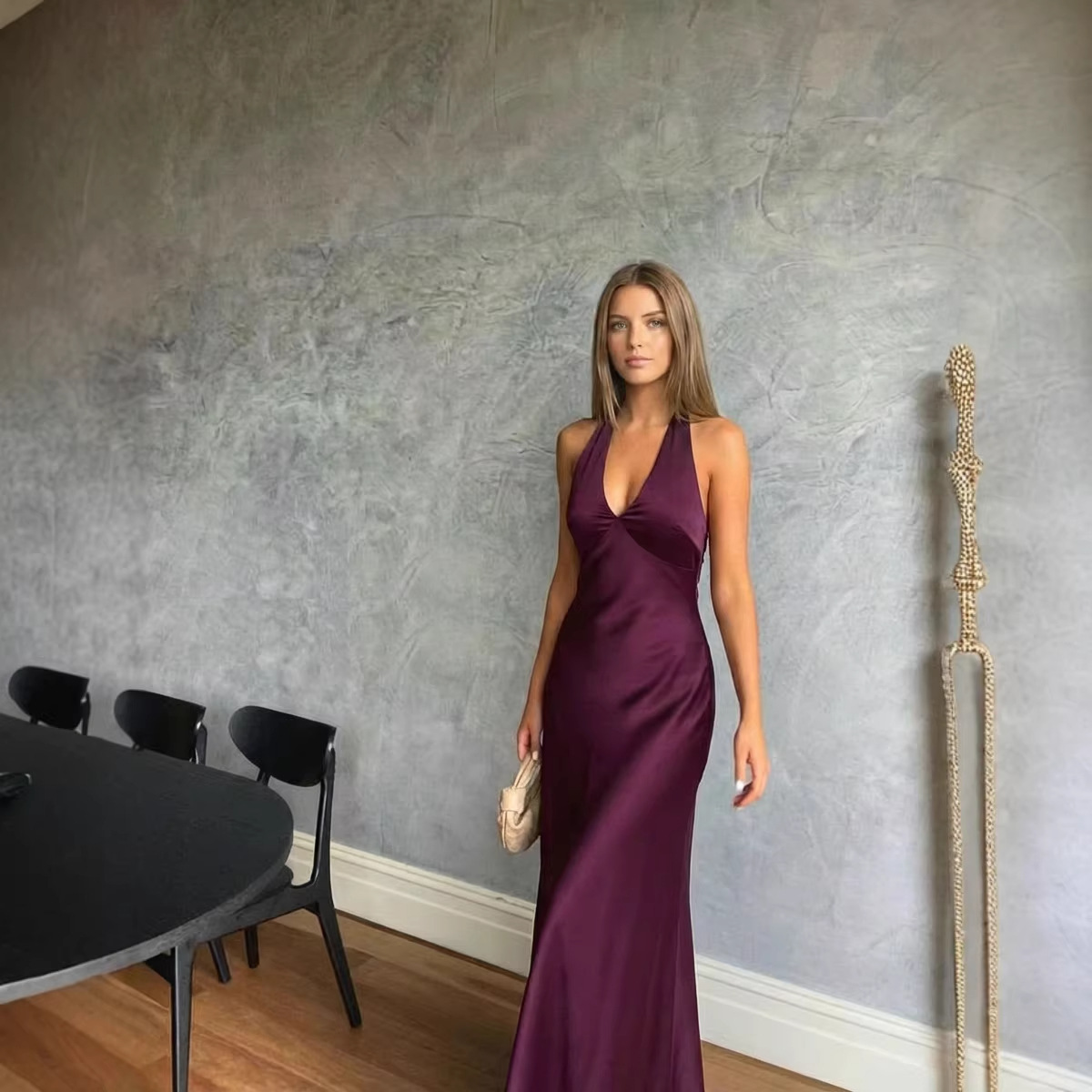 Satin V-neck Backless Bow-tied Mermaid Long Dress