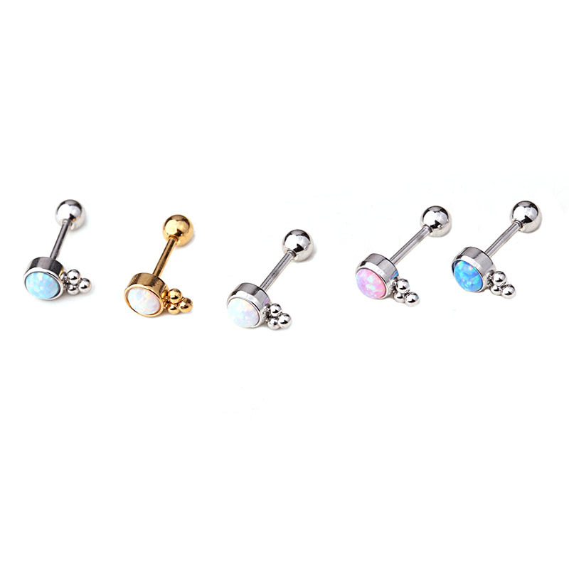 Stainless Steel Inlaid Opal Fine Rod Screw Twist Ball Ear Bone Stud