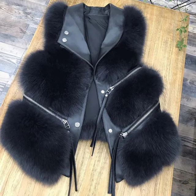 Women's Fashion Vest Fur Coat Black Fur And Black Leather - Shop at LoveMi