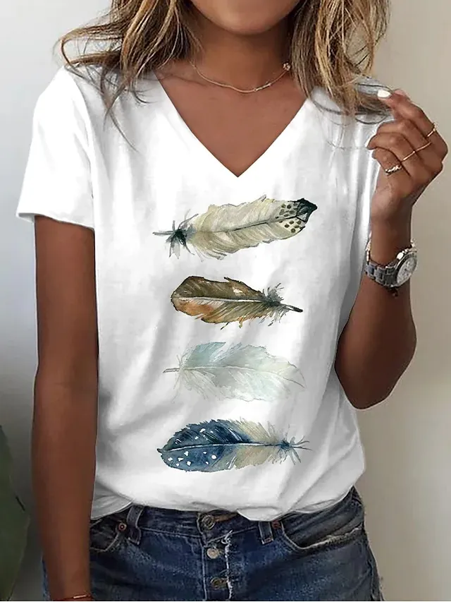 Women's T shirt Feather Print Short Sleeve Casual Style 1 L - Shop at LoveMi