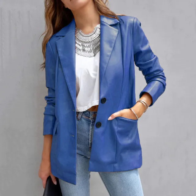 Long Sleeve Button Pu Cardigan Coat For Women Dark Blue - Shop at LoveMi