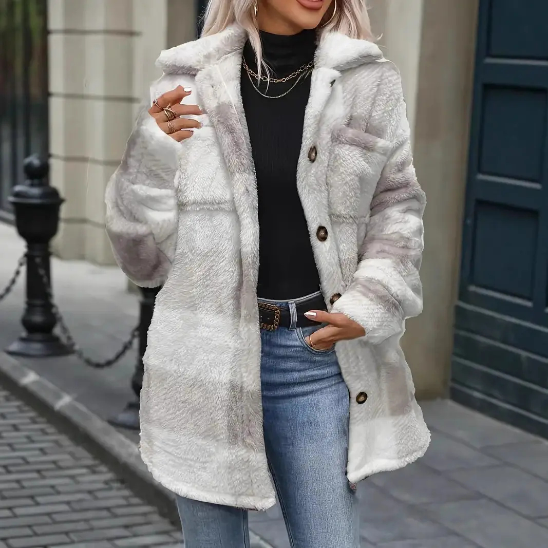Womens Fallwinter Lambswool Lapel Loose-fit Casual Plaid