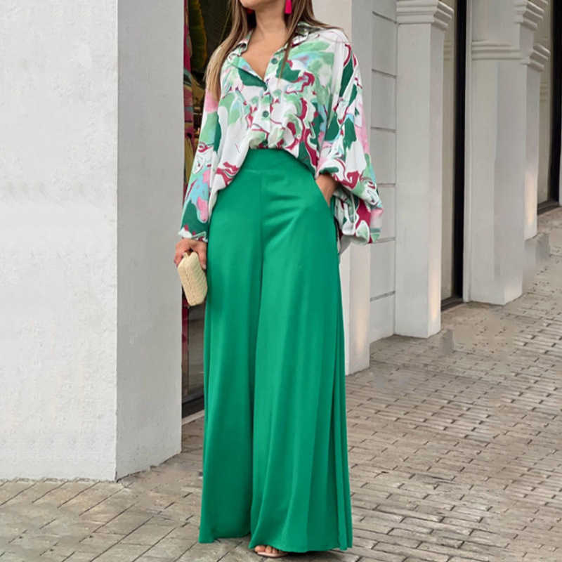 Loose And Elegant Casual Printed Shirt Top Wide Leg Pants Fashion Suit - Image 13