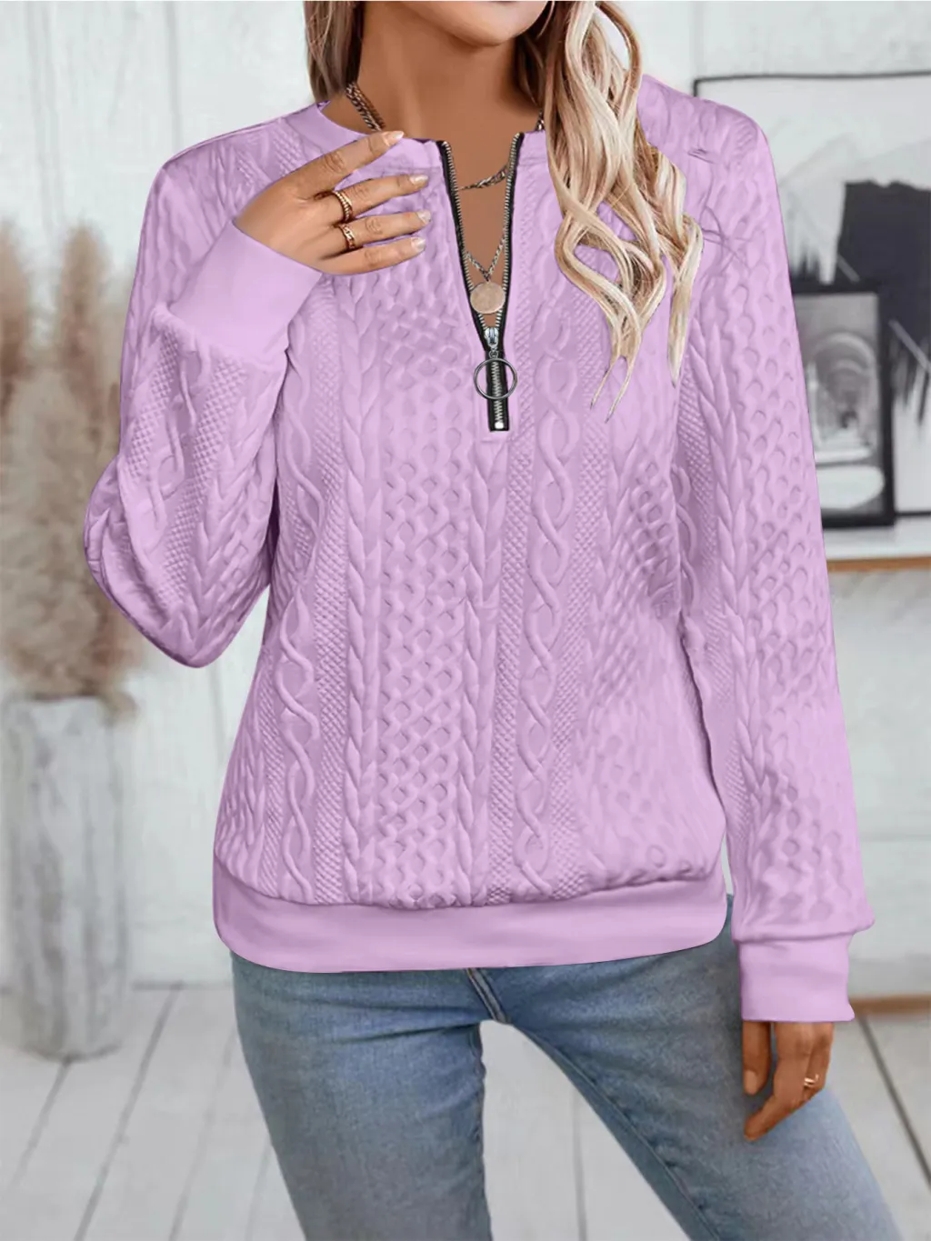 Casual Neckline Long-sleeve Zipper Sweaters Women's Clothing - Violet-Xl