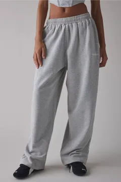 Embroidered Casual Women's Loose Straight Elastic Waist Versatile Pants - Grey - View 1