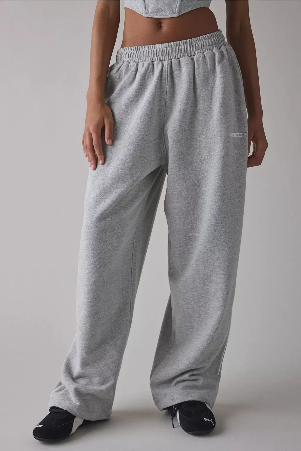 Embroidered Casual Women's Loose Straight Elastic Waist Versatile Pants - Gray