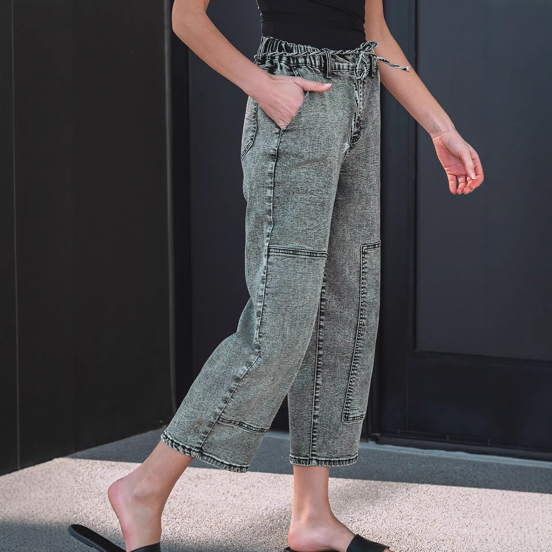 Washable Straight-leg Pants With Multiple Pockets And A Drawstring