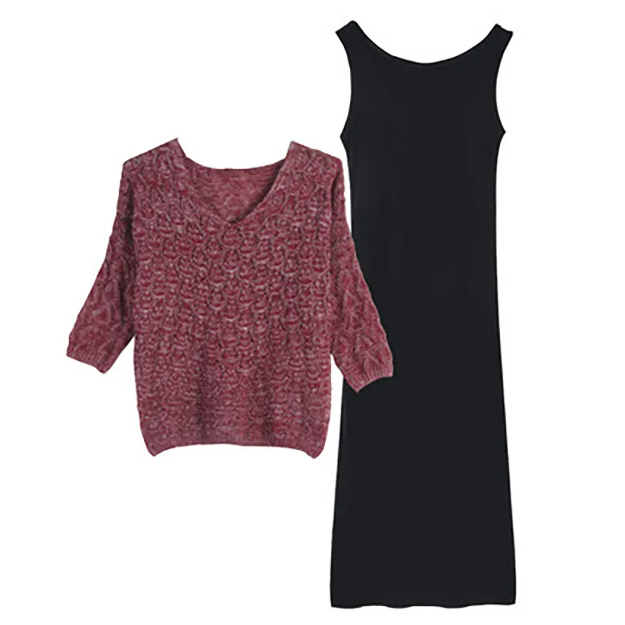 Women's Batwing Sleeve Knitwear Dress Suit - Red