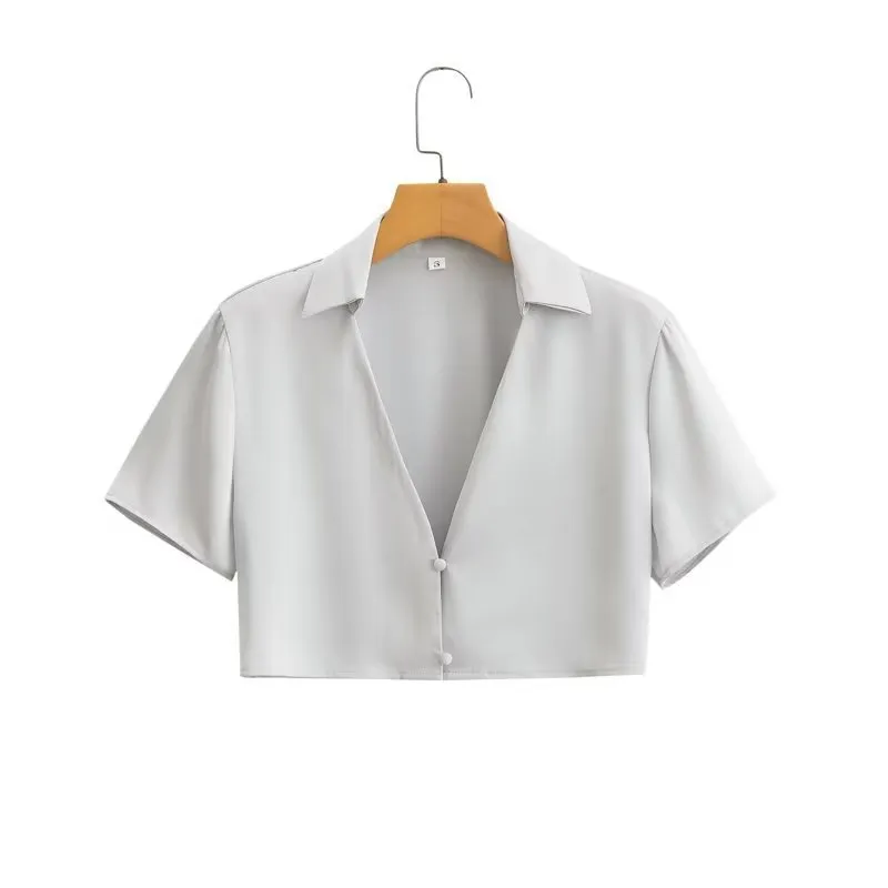 Women's New Silk Satin Short Sleeve Shirt Skirt Suit - Shirt-M